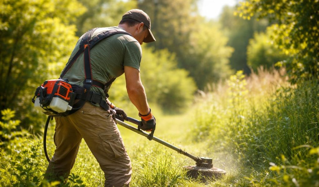 homme-jardinage-debroussailleuse-jardin-ete
