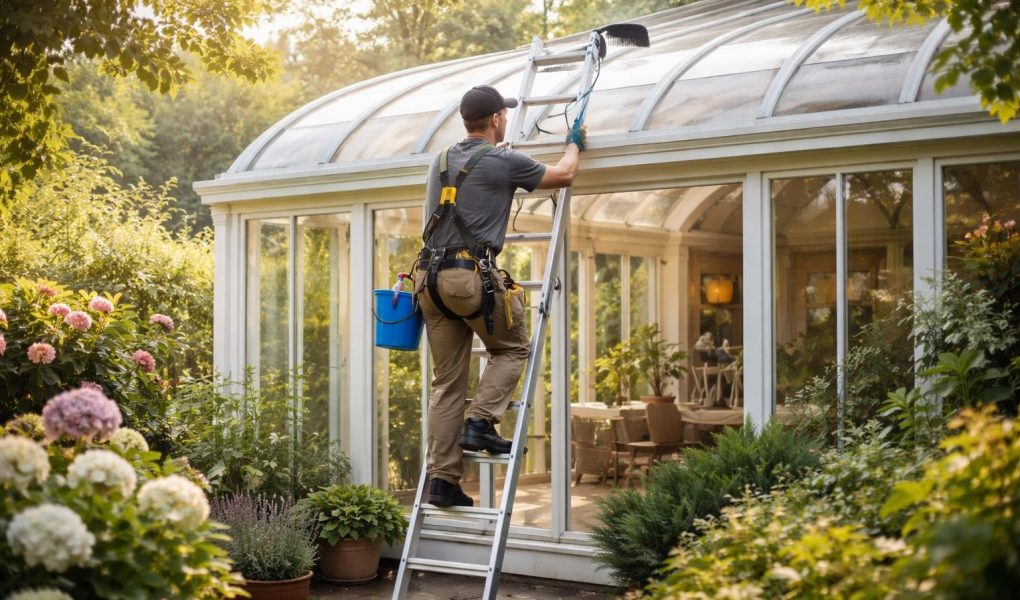 jardin-veranda-echelle-nettoyage-personne