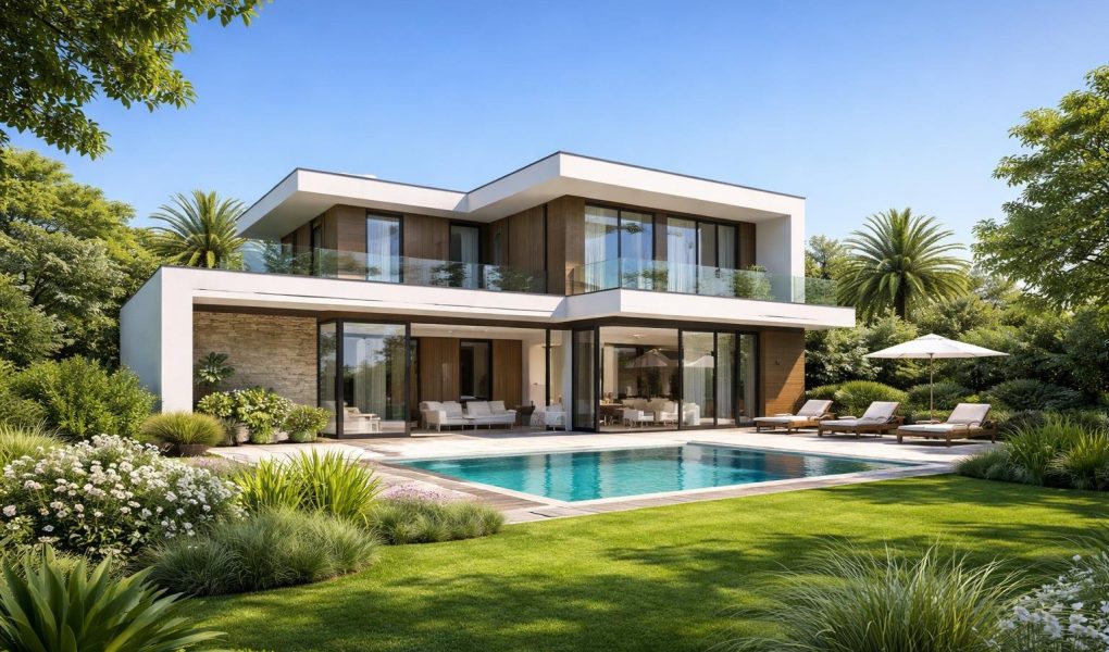 maison-moderne-toit-plat-jardin-verdoyant
