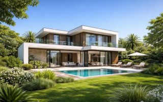 maison-moderne-toit-plat-jardin-verdoyant