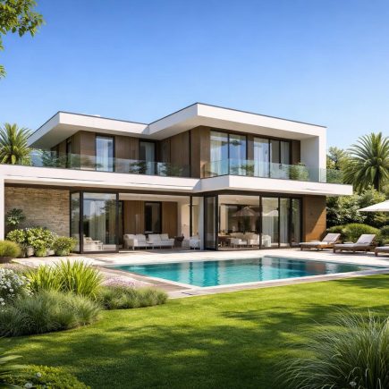maison-moderne-toit-plat-jardin-verdoyant