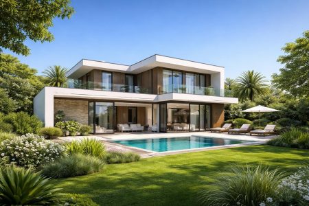 maison-moderne-toit-plat-jardin-verdoyant