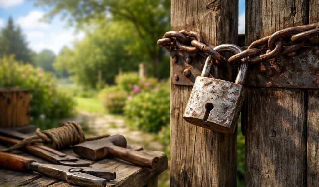 cadenas-metal-portail-bois-jardin