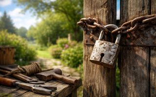 cadenas-metal-portail-bois-jardin