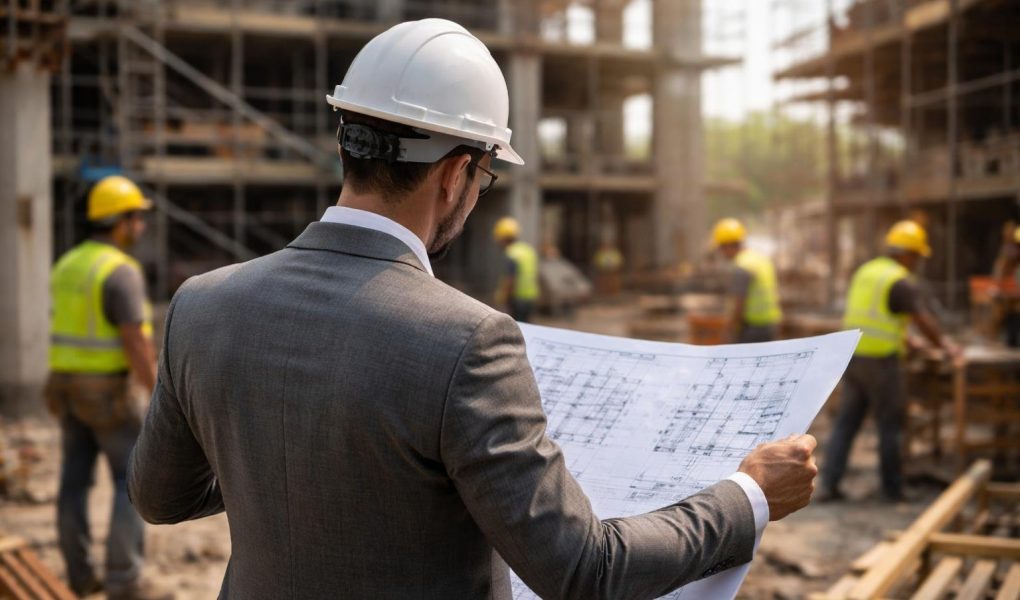 architecte-plans-chantier-ouvriers-echafaudages