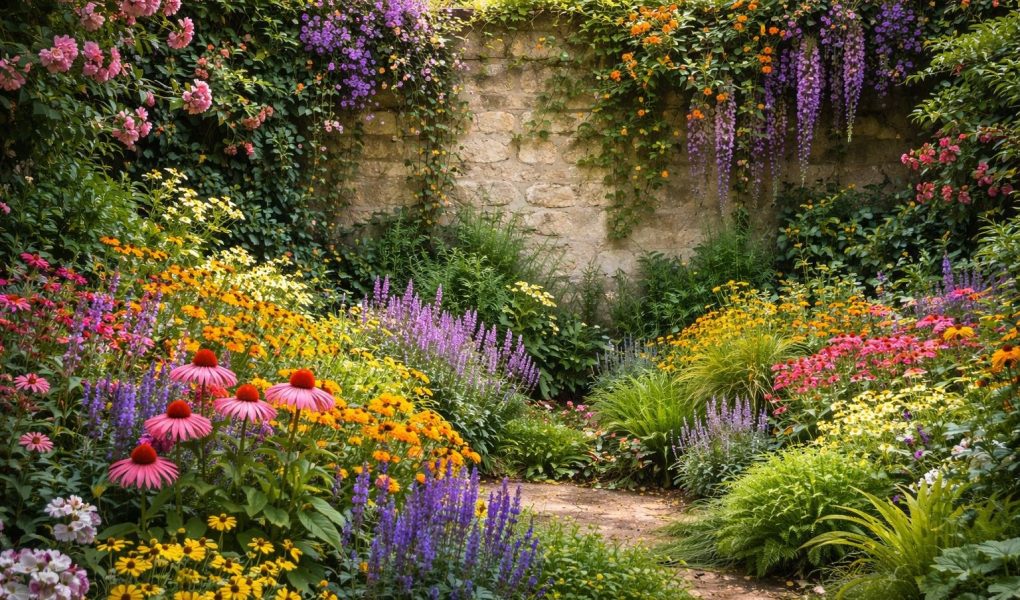 jardin-mur-plantes-fleurs-luxuriantes