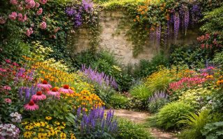 jardin-mur-plantes-fleurs-luxuriantes