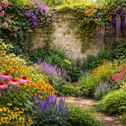 jardin-mur-plantes-fleurs-luxuriantes