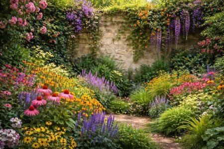jardin-mur-plantes-fleurs-luxuriantes